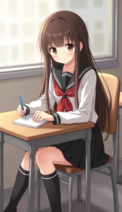 ((masterpiece,  top quality )), Best aesthetic , 1girl, , desktop, seat, school desktop,  brown hair , Class,  long hair,  in the room , chair,  looks at the viewer , :p,  focus on just one thing,  brown eye , skirt,  long sleeves, pencil,  1 boy , pencil ...