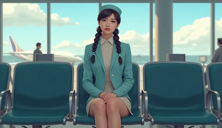 Make a picture of an aircraft flight attendant wearing a light blue jacket and an ivory-colored skirt holding out her feet in flesh-colored stockings and sitting on an airport chair with her legs braided