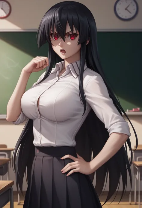 ((best quality)),((highly detailed)),masterpiece,absurdres,detailed face,beautiful face,(detailed eyes, deep eyes),1girl,solo,,akame, long hair, black hair, red eyes, hair between eyes,((dynamic pose)),school uniform, open mouth, bow, large breasts, chalkb...