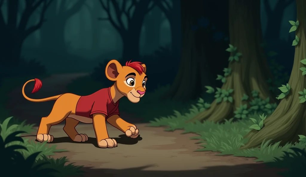 Main Character: Sheroo, the lion cub.
Appearance: Same as above.
Expression: Determined and focused.
Clothing: Red t-shirt and green shorts.
Pose/Action: Walking cautiously toward the stream.
Environment: A quiet forest path, dimly lit, with soft shadows o...