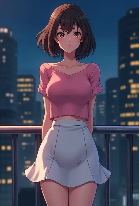 Anime mature girl with pink short shirt and white short flared skirt. She has medium breast and short brown hair. She is standing in front of the railing and looking to the camera at night