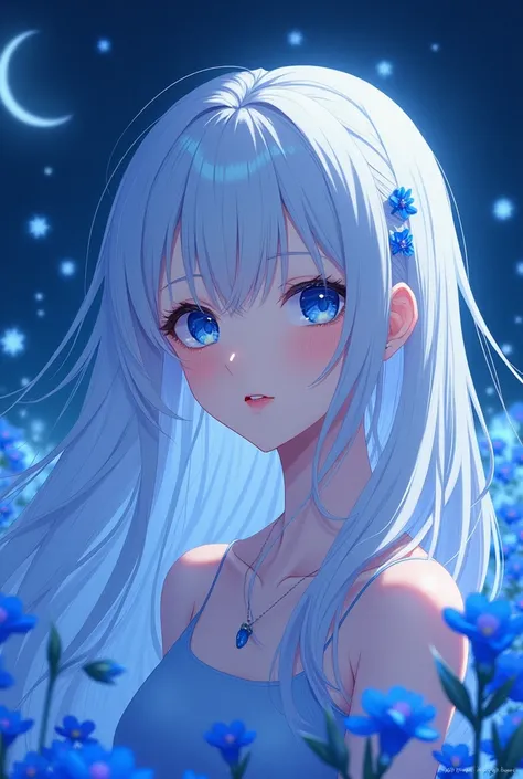  female , anime, white hair, blue eyes,blue  Higanbana hair pins,Long hair straight,snow moon light firefly  blue higanbana background,blue monk