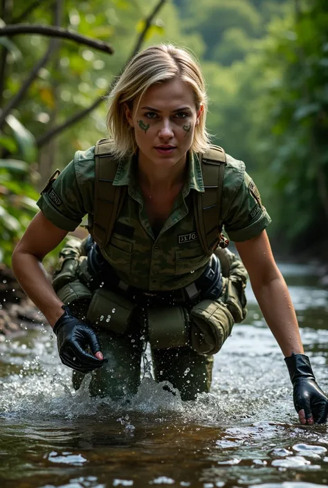 1 military woman in camouflage military uniform, camouflaged face, hostile expression, short blonde hair, emerging from a stream in the Cambodian jungle, best quality,4k,8k,highres,masterpiece:1.2,ultra-detailed,realistic,photorealistic,photo-realistic:1.3...