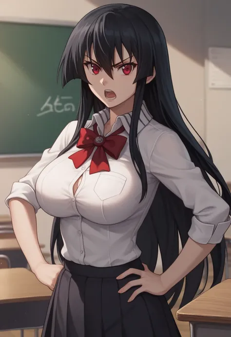 1girl,solo,,akame, long hair, black hair, red eyes, hair between eyes,((dynamic pose)),school uniform, open mouth, bow, large breasts, chalkboard, classroom, cowboy shot, school, indoors, hand on hip, desk, shirt, angry, looking at viewer, dress shirt