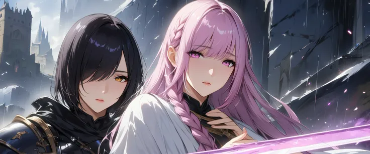 (masterpiece, UHD, 8K, 16K, ultra detailed, best quality:1.2), illustration, yuri, 2girls, (duo focus), Ily(girl on left, white long braided hair, hair over one eye, pink eyes, looking at Rize, praying, using a sister dress, priestess), Rize(girl on right,...