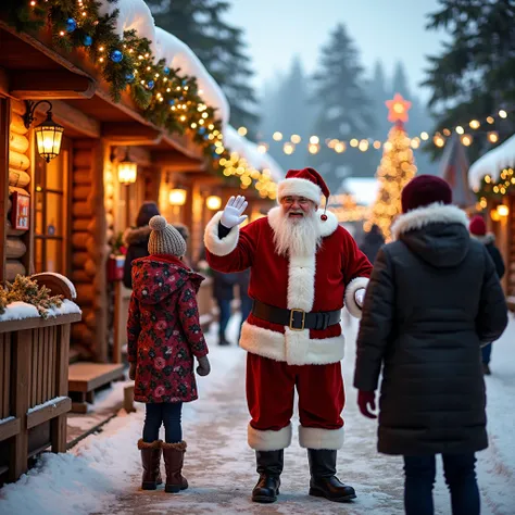 ((Masterpiece)), ((ultra-detailed, 8k quality)), ((photo-realistic)), a joyful and magical photograph capturing a moment at Santa Claus Village. The scene shows a playful and festive environment filled with snow-covered cabins, twinkling lights, and cheerf...