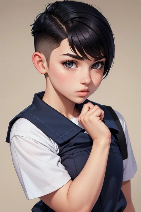 A short and stocky teenage girl in a schoolgirl outfit, slitted eyes, full lips, small nose, short hair in an undercut hairstyle