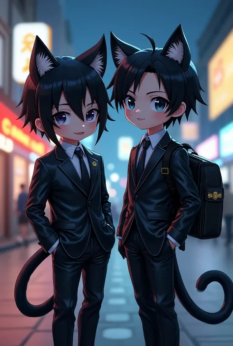 Two boys in their early teens、 chibi、  black hair、 split in the center 、Cat ears、Tail、 shiny black leather suit、 white shirt、 black tie、Shiny black gloves、 carry a shiny black elementary school backpack、 downtown at night、neon、3d