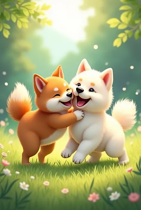 A cute Shiba Inu playing with a cute white Samoyed dog