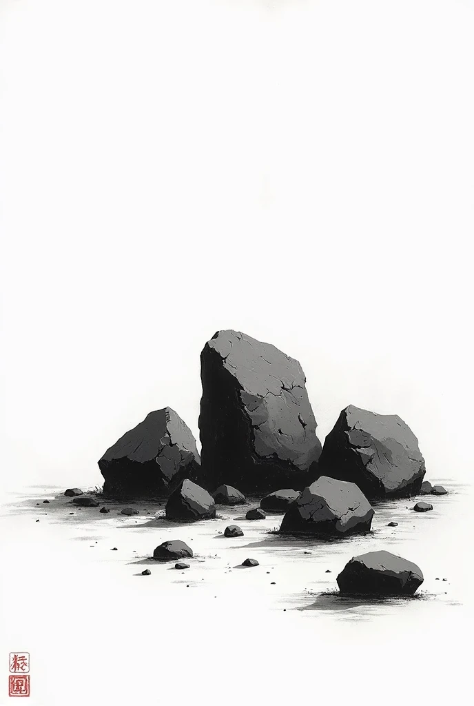  Chinese ink painting style，Stubborn Stones，Background white，pen and ink black，Stones standing by the sea