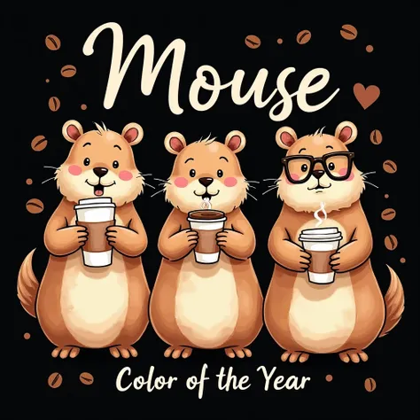 black background,realistic,playful,creative,digital watercolor cartoon style t-shirt design featuring three cute cartoon capybara holding coffee cups in various poses and expressions,Include playful details such as glasses,cozy attire,unique Mocha Mousse c...