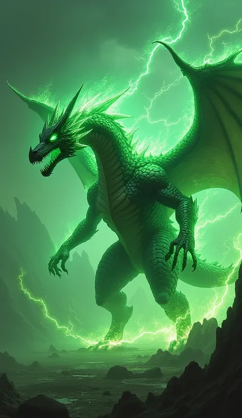 Design a terrifying hybrid creature that fuses the traits of a dragon and a vibrant green light into one monstrous entity. The creature’s body is draconic, with massive glowing scales that seem alive with green energy. Its eyes burn with an emerald glow, a...