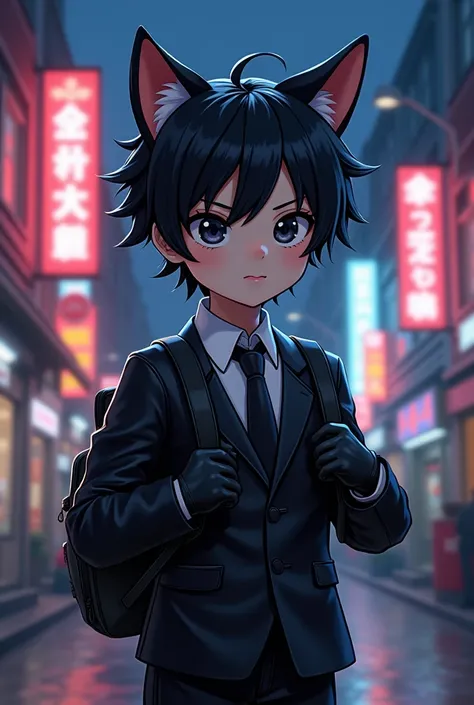   Boy in his early teens、Chibi、  black hair、 split in the center 、Cat ears、しっぽ、 shiny black leather suit、 white shirt、 black tie、Shiny black gloves、 carry a shiny black elementary school backpack、 downtown at night、neon、3d