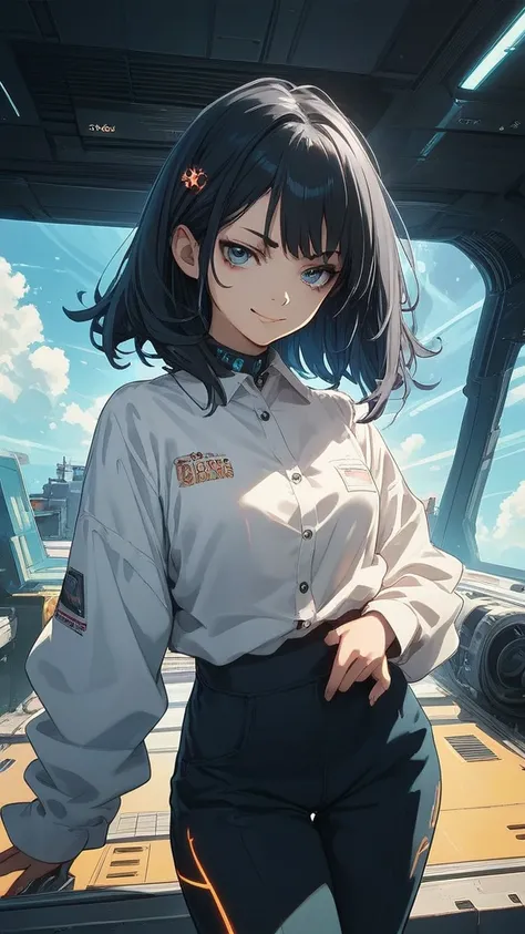 A futuristic anime girl with long, 
straight black hair cascading down her back, 
dressed in a sleek white button-up shirt 
with high-tech buttons that glow softly. 
She stands with one hand resting on her collar, 
her gaze directed toward the viewer with ...