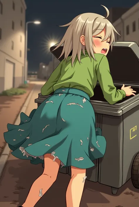 score_9, score_8_up, score_7_up, score_6_up, score_5_up, score_4_up, source_anime, solo focus, office girl, eyes closed, blushing, mouth open, drolling, passed out, (fall asleep), asleep leaning against the trash container, legs spread, (stuck in the trash...