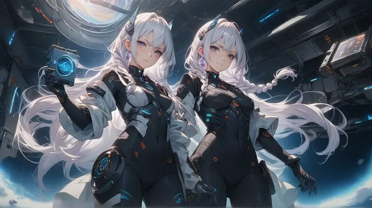 Long view shot Straight to viewer of a serious anime girl with long, braided white hair and intense violet eyes, dressed in a dark silver and black suite with sharp angular armor plating. Background: space, sci-fi, futuristic Japan space theme. Straight to...