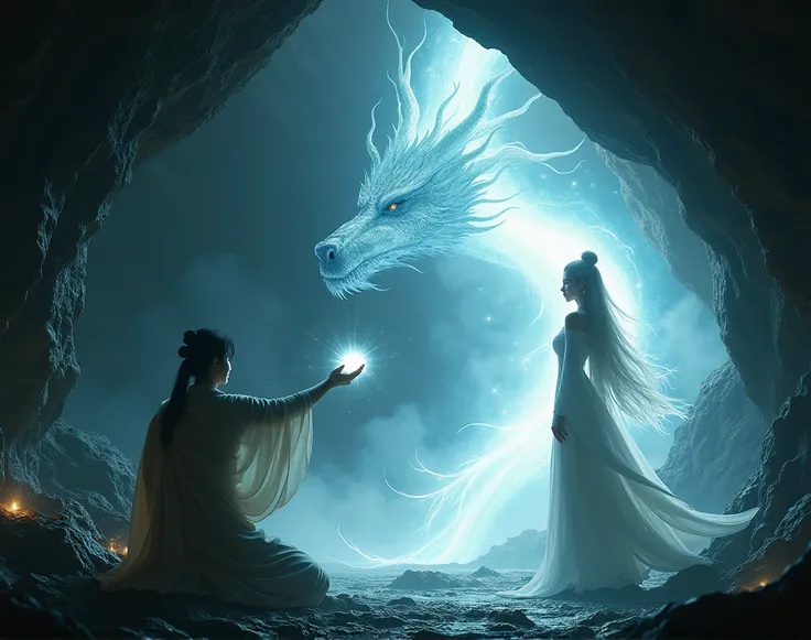 A dramatic cave scene where a young man, Hóng Fēng, is touching a glowing dragon pearl. A brilliant flash of light reveals Bai Ling, a powerful and graceful woman with long white hair, standing amidst the shimmering light. Her eyes are full of wisdom and p...