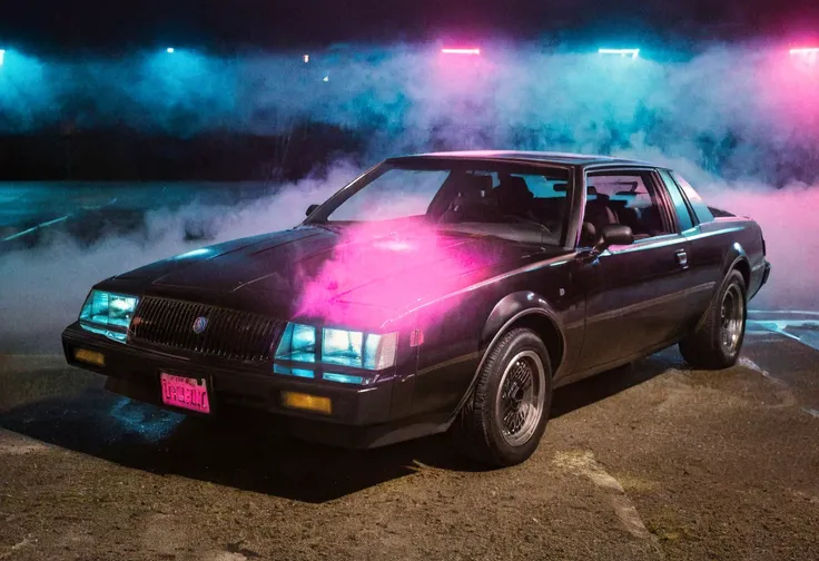 ClassicSportsCar, balck 87 Buick Regal GNX, front side view, (neon light), (pink light), (blue light), sidelight, closeup, steam, fog, backlight, film grain polaroid, legacy media, high contrast, 4K, highly detailed, (stylish grainy analog 35mm film photo)