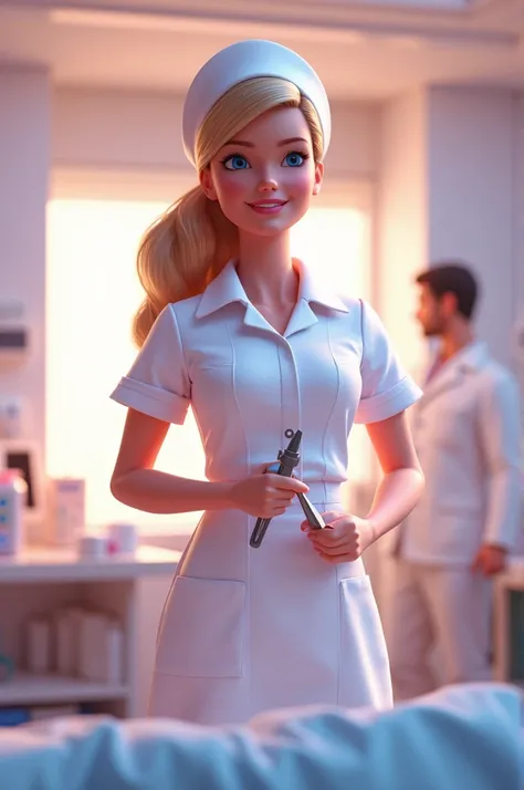 Create an image of the character Ken from Barbie dressed up as a midwife in a hospital 