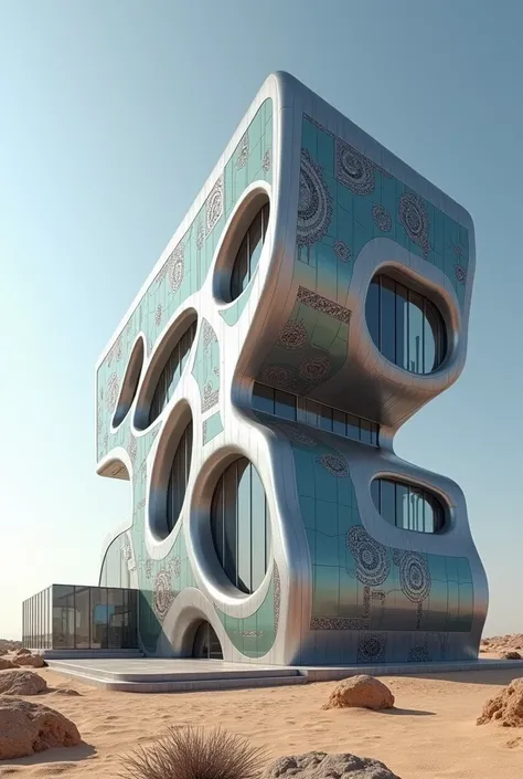 A futuristic building in Karakalpakstan in the year 2080, designed with modern architecture while incorporating traditional Karakalpak national patterns. The building should blend advanced technology with cultural heritage, featuring sleek, metallic surfac...