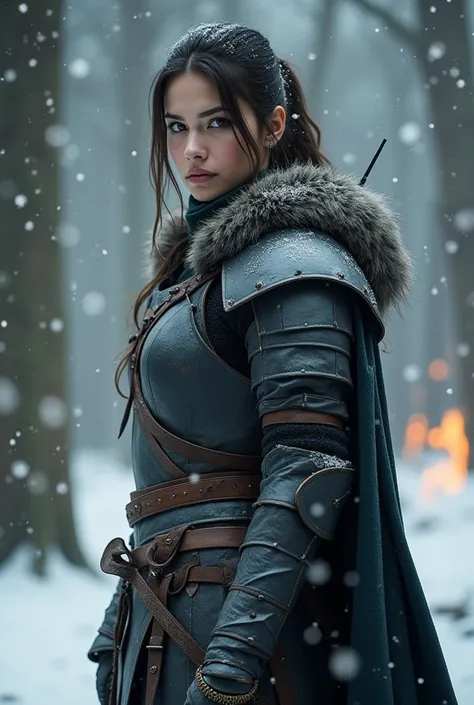 A detailed close-up of a fierce and determined female warrior staring in a snowy forest. The character stands tall in a battle-ready stance. Viewed from the side, she wears a dark, durable and weathered armor that blends in perfectly with her surroundings....