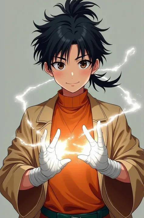 A realistic photograph of an 18-year-old Japanese boy. He has messy black hair with spiky ends and a ponytail. He is wearing an orange turtleneck sweater under a school uniform with an open mandarin-collar jacket. His hands are wrapped in bandages like a M...