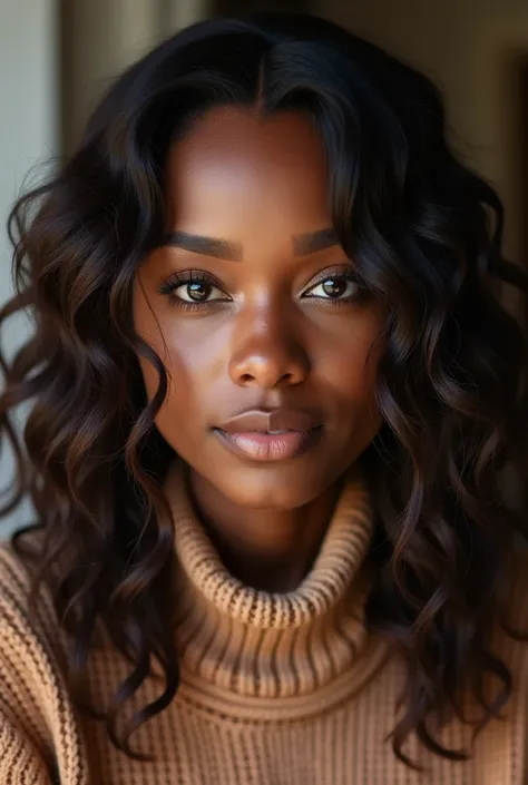 a close up of a woman with long hair and a sweater, a portrait inspired by Theo Constanté, featured on instagram, renaissance, curly middle part haircut, wavy shoulder-length hair, redahair and attractive features, long weaving brown hair, dark brown skin,...