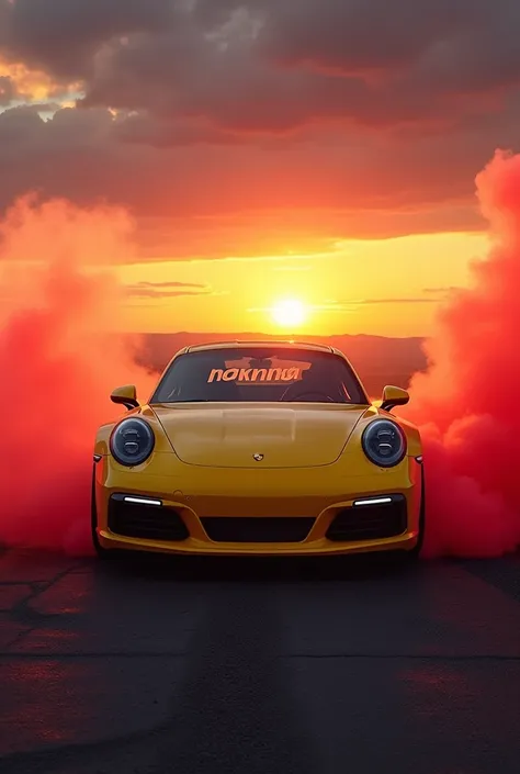 A yellow Porsche sunset release red smoke and write "HAMNA"on front screen