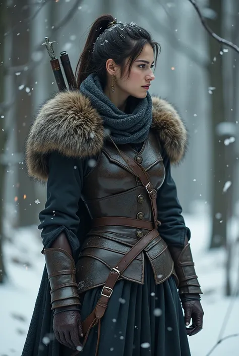  A detailed close-up of a fierce and determined female warrior staring into the snowy forest. .  The character stands elegantly in a pose with a battle .  looking from the side ,  she is wearing a dark dress ,  Durable and weathered armor that blends perfe...