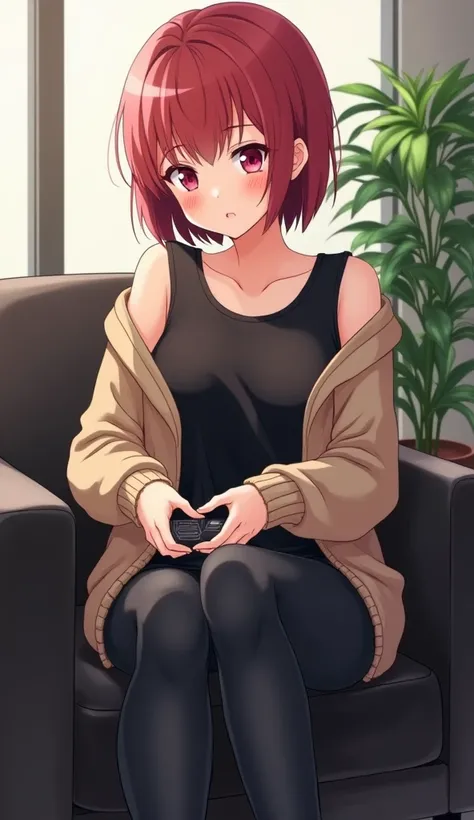 Anime Teenage Woman Has Short, Reddish Hair, with big and expressive eyes of pink color or similar She wears a beige knitted sweater that leaves one shoulder uncovered and has a black leather t-shirt with bare shoulders and black leather pants and black le...