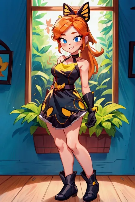 "Masterpiece, best quality, 1 girl, orange long hair, ponytail in hair, blue eyes, standing indoors with intricate details and sunlight. black and yellow frilled dress with short neckline, black gloves, black butterfly belt, earrings, black boots. Sweet sm...