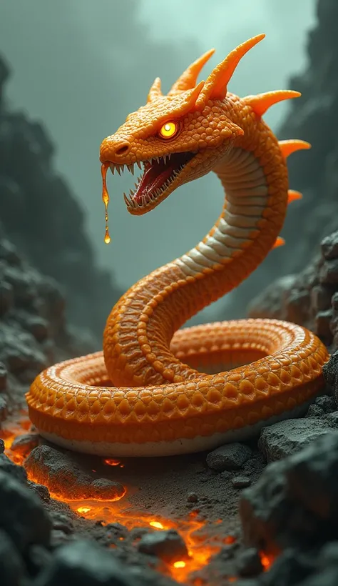 Design a horrifying hybrid creature that merges the features of a snake and an orange into a single, monstrous entity. The body is serpentine, covered in orange, textured skin, with venom dripping from glowing citrus-like fangs. Its eyes glow with a fiery ...