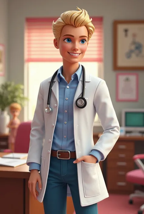 Create an image of the character Ken in Barbie dressed up as a midwife in a hospital office 