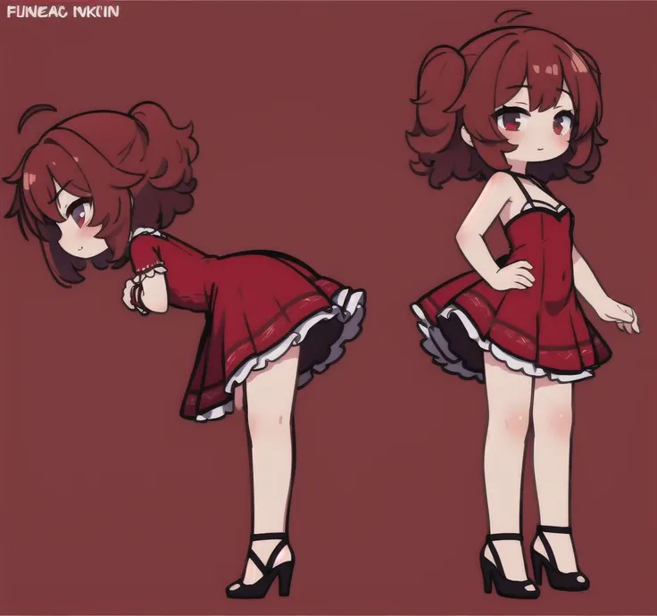  short fibers, Curly hair, Red dress, fitting dress, Short dress, High heel shoes, sexy poses, Friday Night Funkin Girlfriend , character sheet only side views