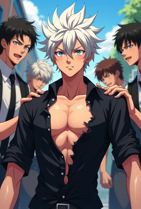 Sexy white haired anime boy bullied in school, his black thirt ripped open entirely by bullies violently revealing six pack abs, sexy v line abs