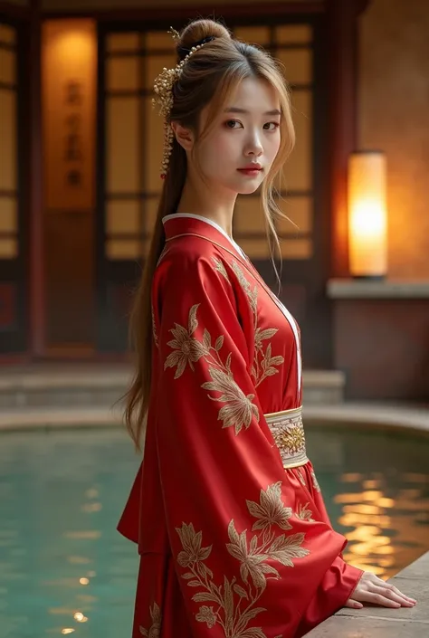  Crimson Satin Robe with Intricate Floral Embroidery
Create a hyper-realistic image of a Tang Dynasty princess wearing a crimson satin robe decorated with intricate floral embroidery in golden threads. The robe is wrapped around her waist, the edges barely...