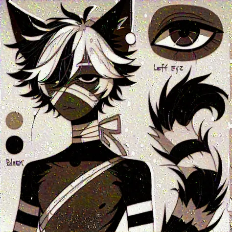 -25 year old man.
-Dark skin.
-Black hair with white tones, messy and voluminous.
-Soft black cat ears.
-Missing right eye, bandaged.
-Thick, long black cat tail.
-Black horns curved on head.
-He is 1.80 meters tall.
-Weighs 70 KG.
-He is a little muscular...