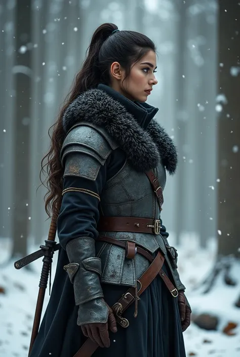  A detailed close-up of a fierce and determined female warrior staring into the snowy forest. .  The character stands elegantly in a pose with a battle .  looking from the side ,  she is wearing a dark dress ,  Durable and weathered armor that blends perfe...