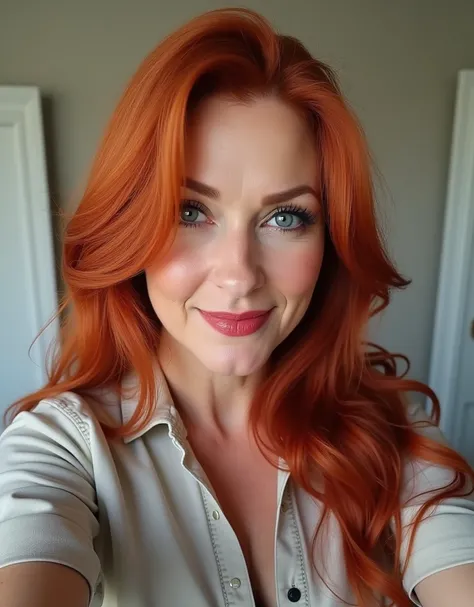 selfie photo , redhead,  juicy figure  mature milf,  highest quality , (высокодетализированные CG unity 8k обои), ( high quality),  red hair ,  long hair, (Big breasts: 1.5), wide rounded hips , jeans and 
shirt .hot mom 