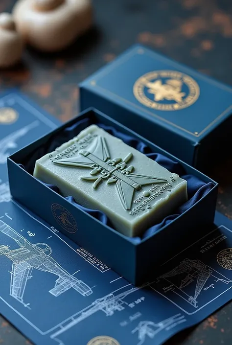 Soap bar military aviation inspired soap,FA/18 SUPER HORNET,101st THORMACH TERADACTAL AIR COMMAND FIGHTER SQUADRON BRANDING,PACKAGING FOR MY SOAP BAR, Navy blue color packing , soap bar wrapped in blue aviation drawing board paper of a fighter jet