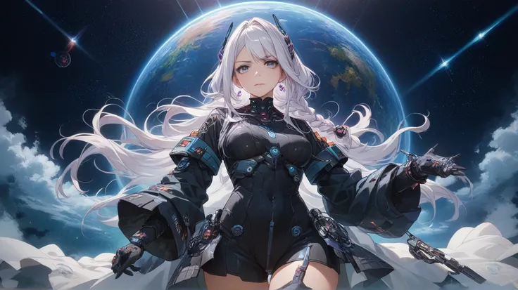 Long view shot Straight to viewer of a serious anime girl with long, braided white hair and intense violet eyes, dressed in a dark silver and black suite with sharp, angular armor plating. Background: space, sci-fi, futuristic Japan space theme. Straight t...