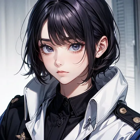    top quality,           looking at camera,        black hair   ,          cold eyes, Details,    bob with bangs, 1 girl in uniform, Slanted Eyes, Solemn, 