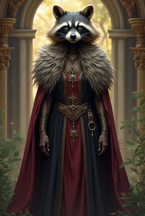 authoritative raccoon queen with long hair