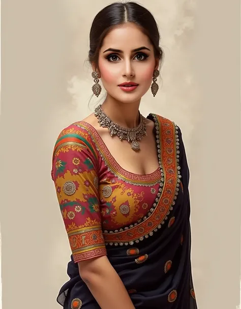 anusha in traditional sari sari sari sari sari sari sari sari sari sari sari sar, with colourful intricate, with intricate details, traditional beauty, wearing intricate, with small studded earings, wearing an elegant tribal outfit, very beautiful enga sty...