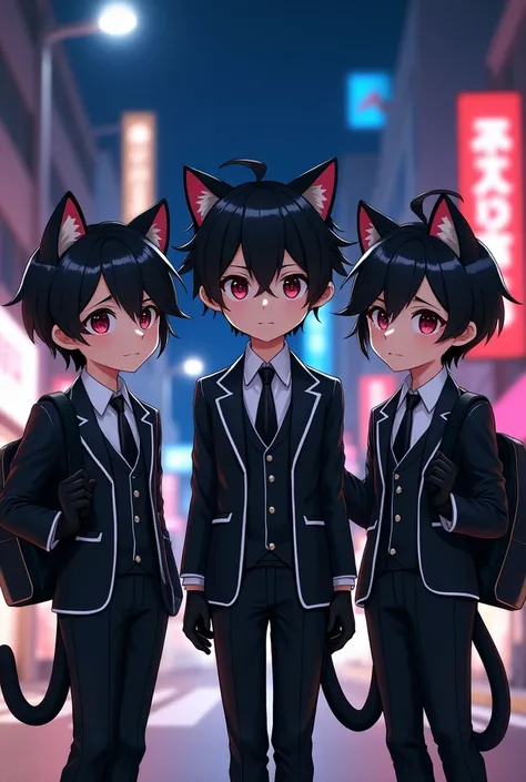 Three boys in their early teens、  chibi、  black hair、 split in the center 、Cat ears、Tail、 shiny black leather suit、 white shirt、 black tie、Shiny black gloves、 carry a shiny black elementary school backpack、 downtown at night、neon、3d