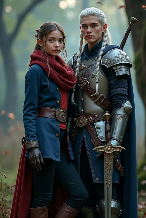 "Create an enchanting scene featuring a 15-year-old British human mage with delicate, graceful features. She wears a deep blue jacket over a rich red shirt, paired with black pirate-style trousers and an infinity scarf in deep red. The outfit is adorned wi...