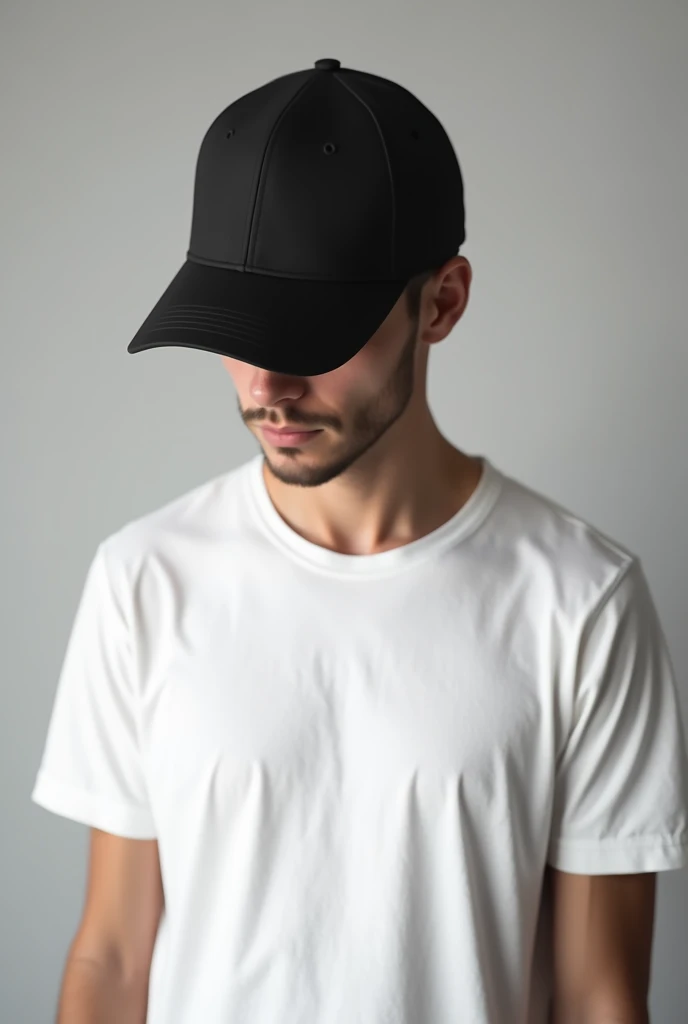 Handsome 18 year old ,  man wearing a black baseball cup cap,  looks young and beardless , hide his face with his face lowered to the side down so that his real face is invisible, plain white t-shirt
