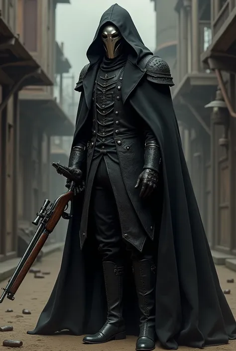 Dnd shadar kai male dressed in a black victorian style short coat, a hood on the head and a smooth silver Mask on his face, holding a old west like rifle