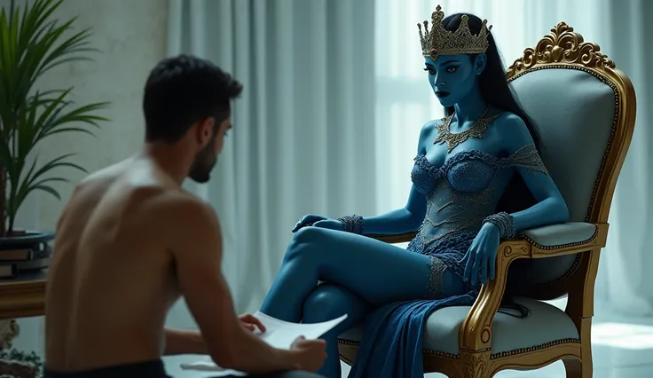 "An elegant and confident About 35 years old closely picturedalien queen with blue skin, long flowing hair, and a regal crown sits gracefully on a classic chair. She is wearing a short, revealing dress that highlights her curvaceous figure, with one shapel...