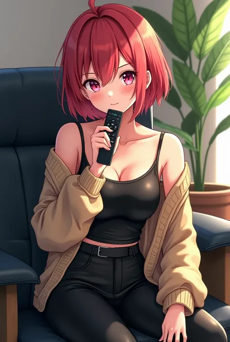 Anime Teenage Woman Has Short, Reddish Hair, with big and expressive eyes of pink color or similar She wears a beige knitted sweater that leaves one shoulder uncovered and has a black leather t-shirt with bare shoulders and black leather pants and black le...